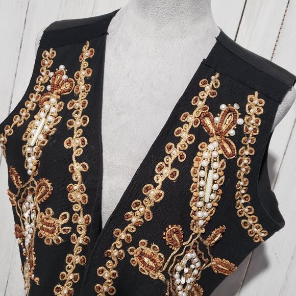 80s 90s VTG Women's Vest L Joujou Black Beaded Boho Earthy Gothic Folk Indie Mod - Picture 2 of 6